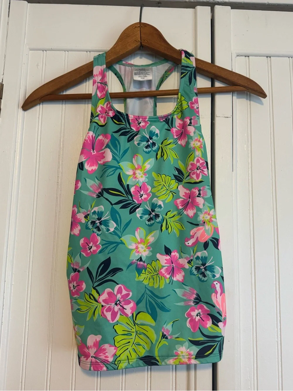 Lands' End Girls' Floral Swim Tank Top - Teal, Pink & Lime